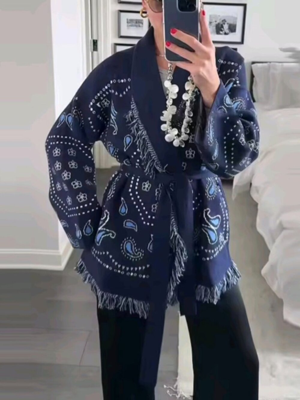 Vintage Tassels Print Women's Print Cardigan V-Neck Lace Up Full Sleeve Spliced